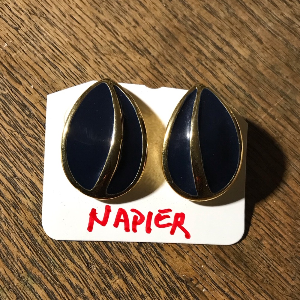 Vintage Napier Post Back Enamel Navy and Gold Tone Earrings